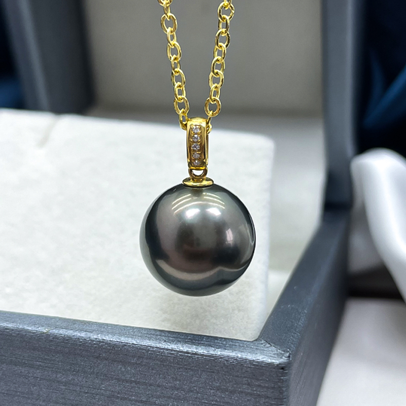18k法国大溪地黑珍珠吊坠天然12-13mm海水珍珠项链坠多样性发一