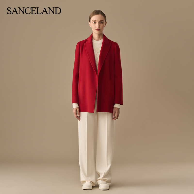 SANCELAND三石一澜冬绵羊毛羊绒大衣系带收腰红外套SG47122080