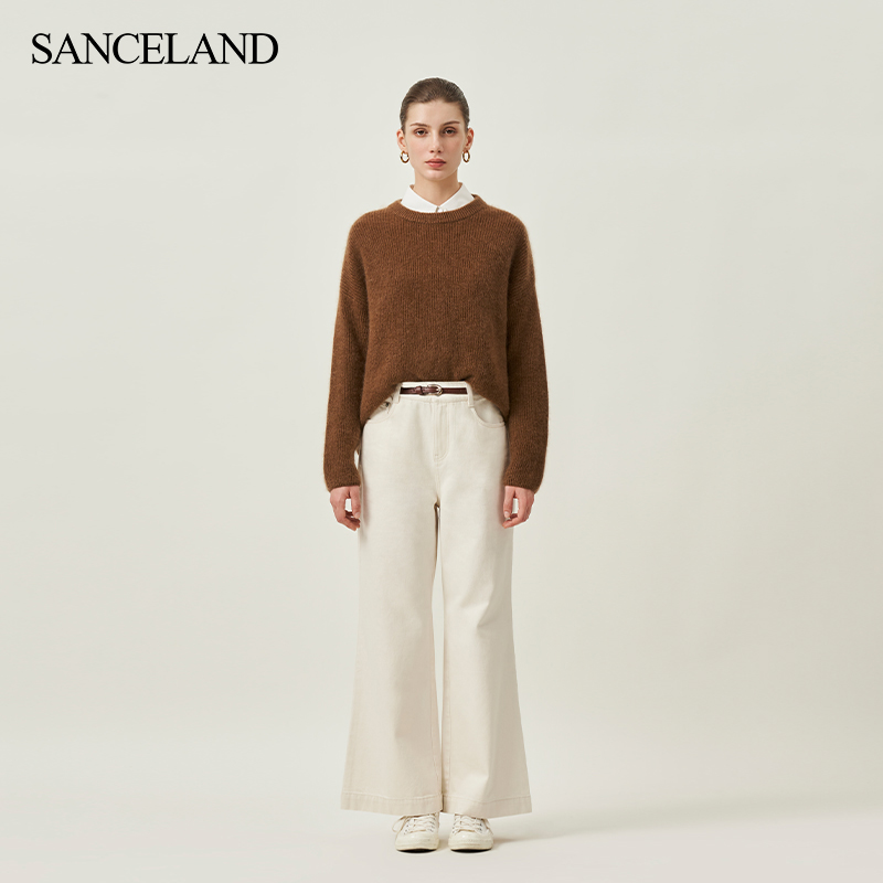 SANCELAND三石一澜秋新品羊绒衫保暖宽松圆领长袖毛衫SI31401034