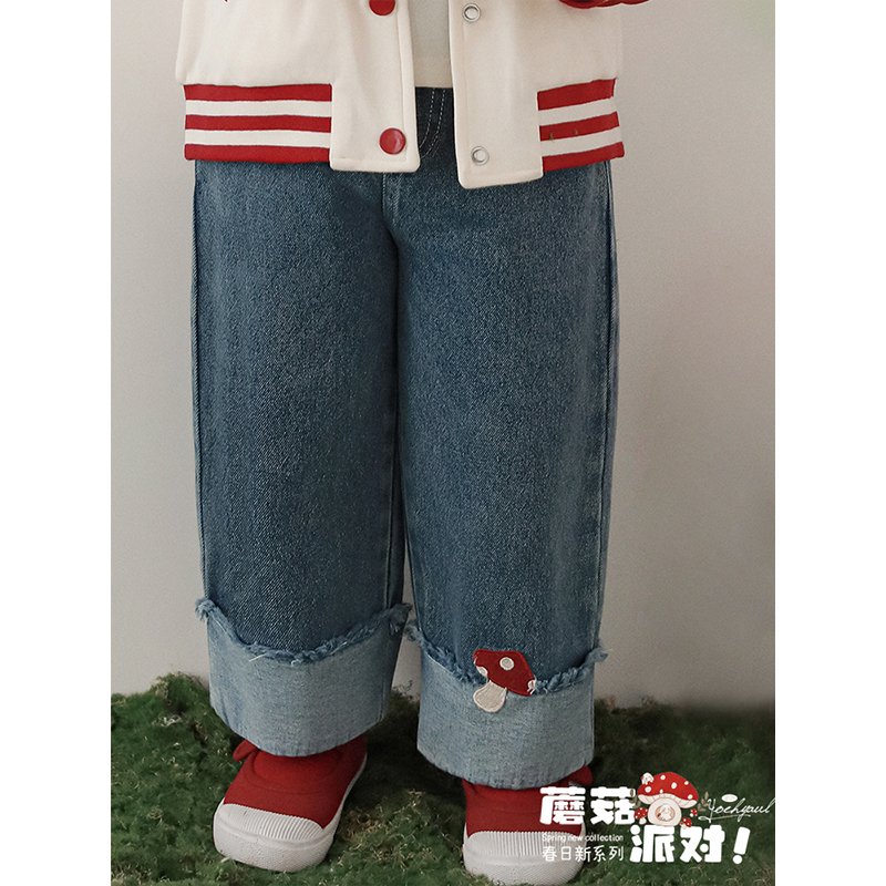 幼悠【蘑菇派对】春一波女童时髦洋气 韩版直筒宽松春秋牛仔裤C2925