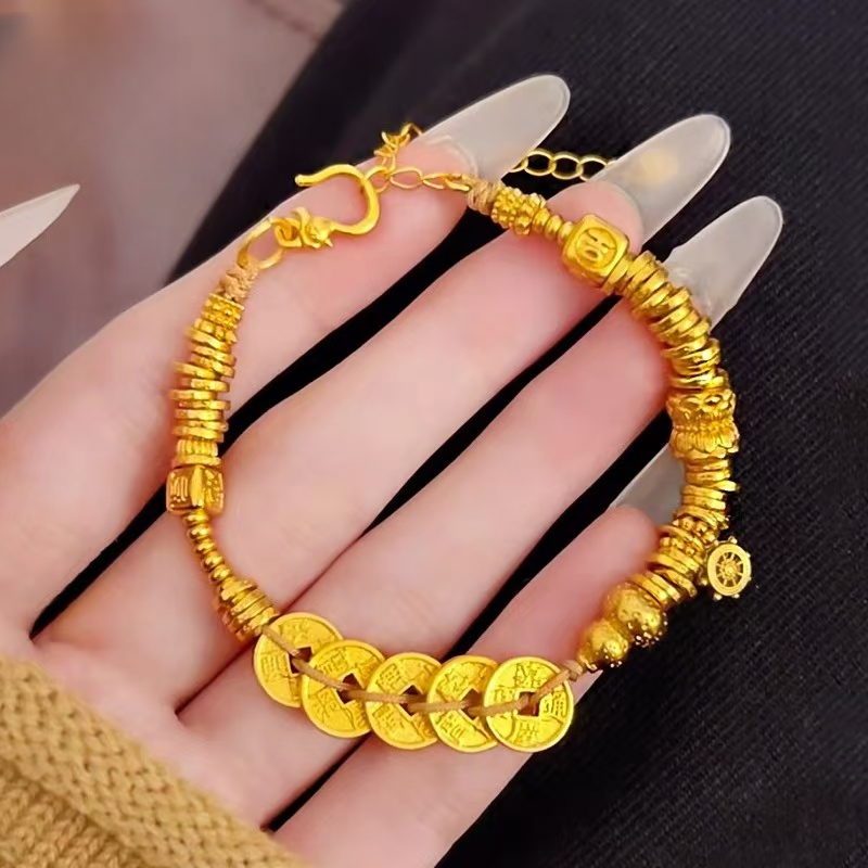 铜合金手链 五帝钱手链气质时尚百搭古法精美素款手工复古金色