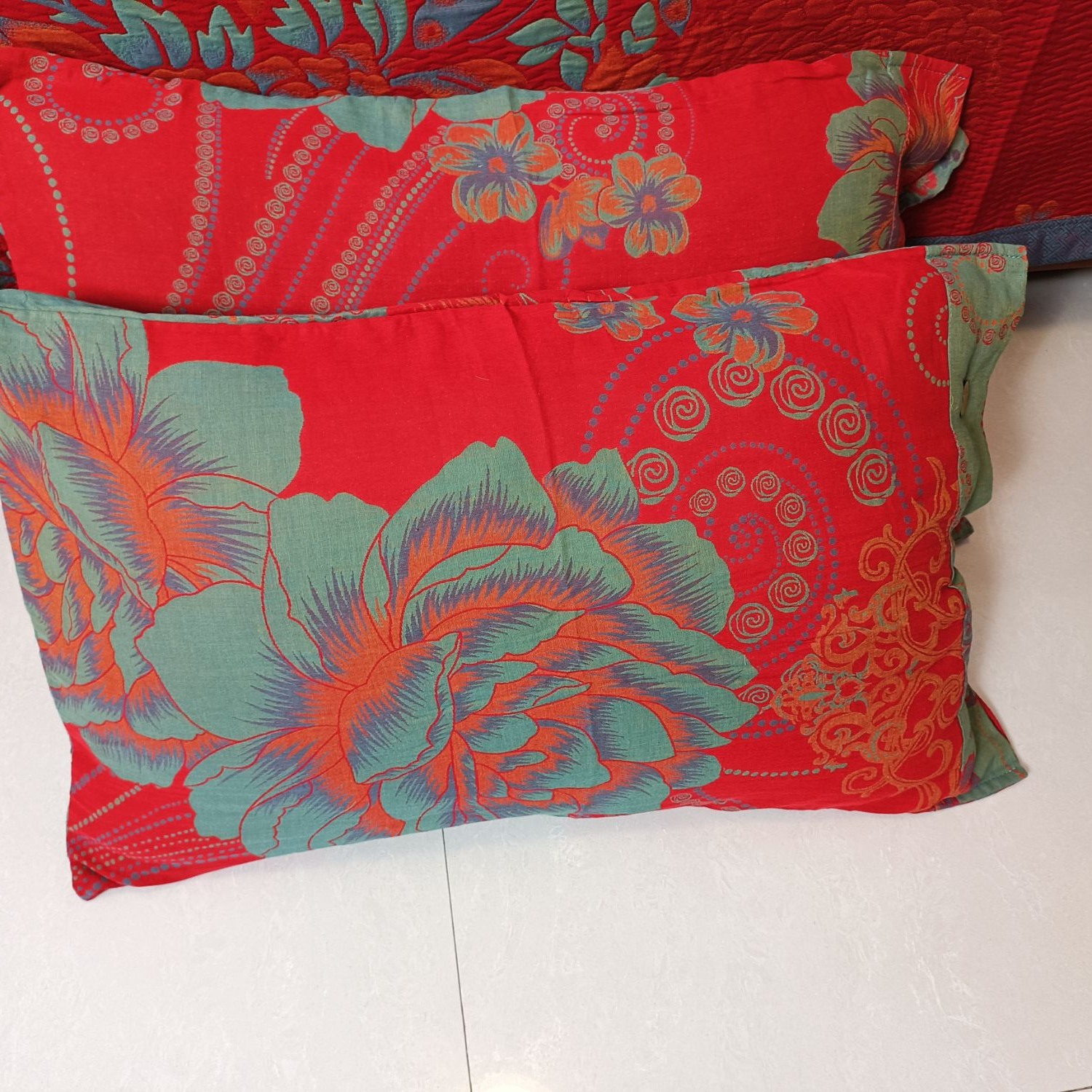 枕套-牡丹-48*74纯棉有氧双层纱A类一对