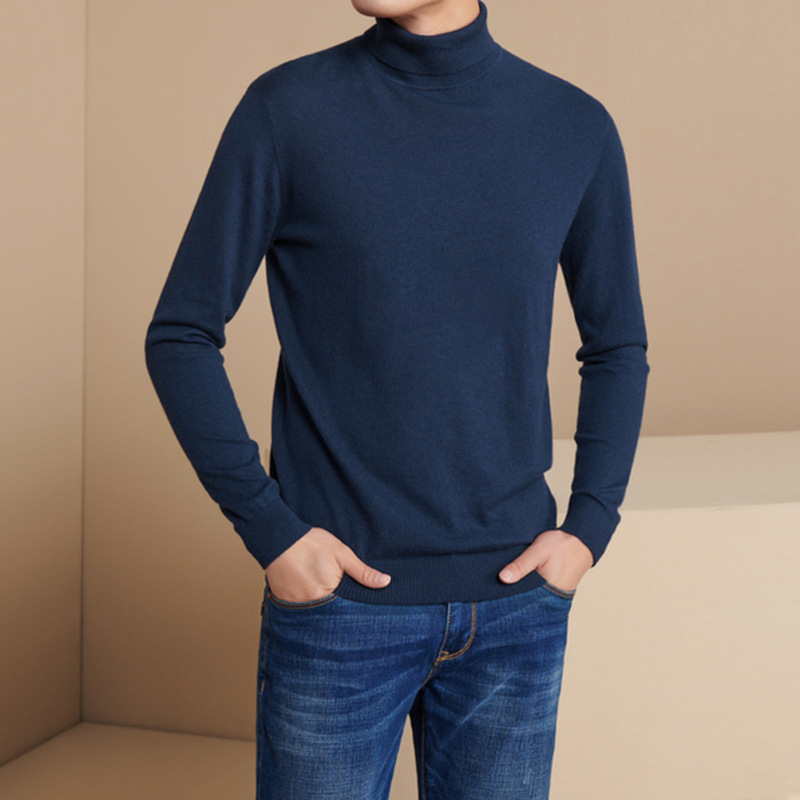 E294蓝色男士羊绒衫 秋冬季经典可翻高领毛衣 294