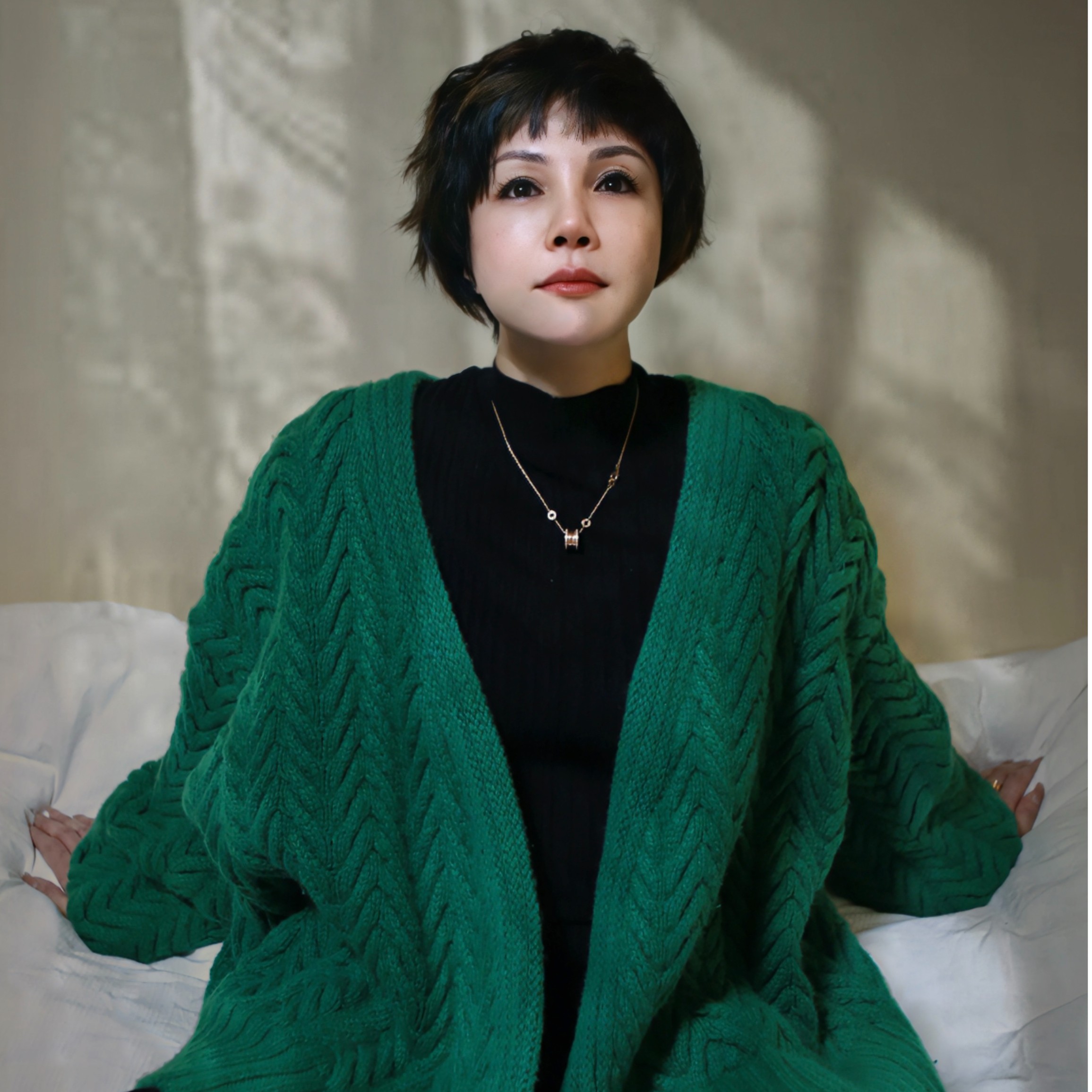 【叶子羊绒】绿色麦穗麻花道袍领开衫材料包手工编织