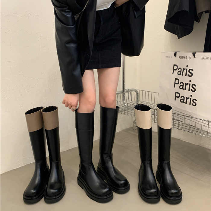厚底拼接色高筒靴女2023秋冬骑士靴女小个子增高中筒靴不过膝长靴