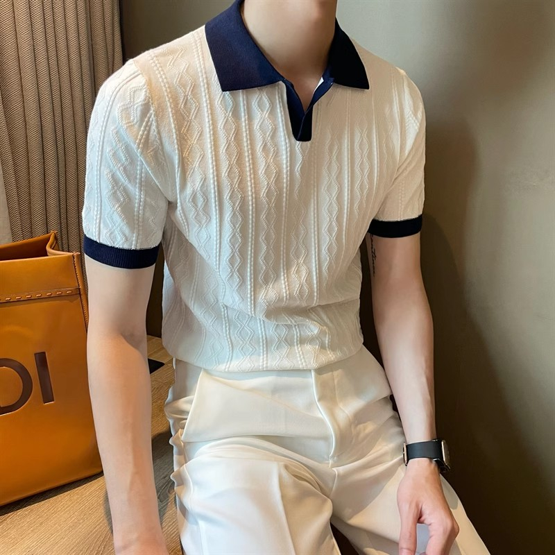 夏季透气男士拼色轻熟潮男Polo衫V翻领弹力提花纹理修身薄款针织t