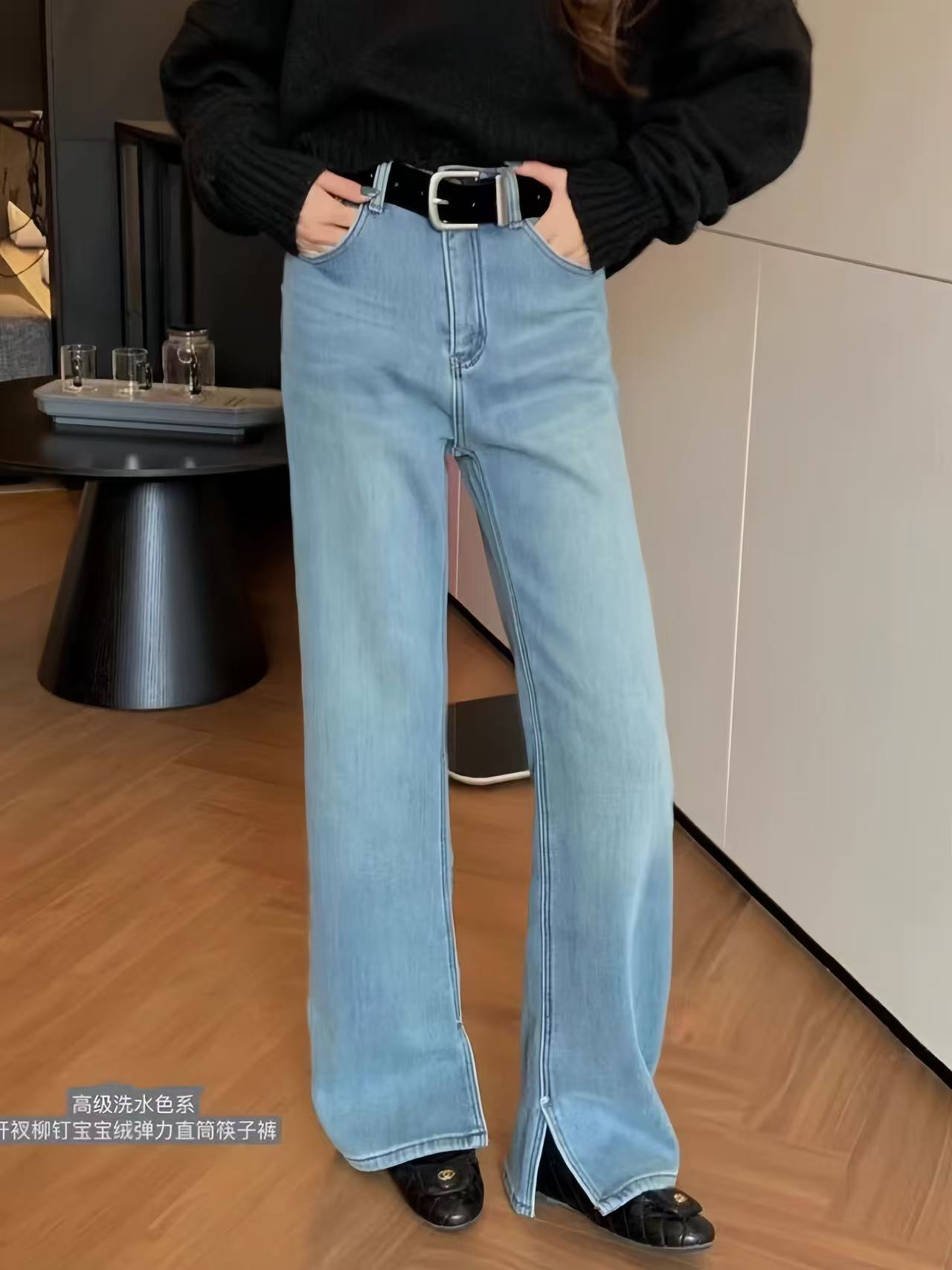 新年战裤 大码开衩柳钉宝宝绒弹力筷子裤牛仔裤(无腰带)  