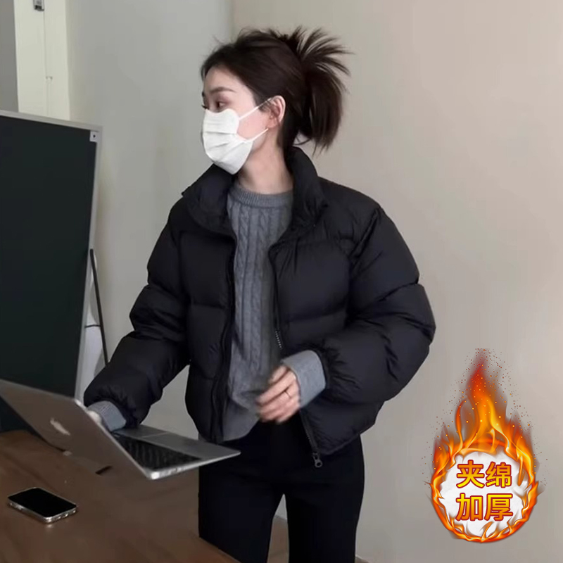 韩版小个子立领短款棉服女士2025秋冬新款韩版设计感纯色显瘦外套