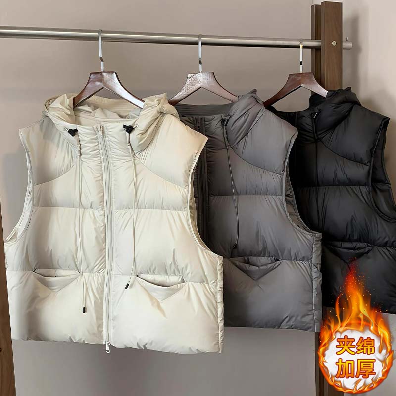 高级感显瘦短款加厚马甲女士2024秋冬季新款宽松纯色连帽马夹外套