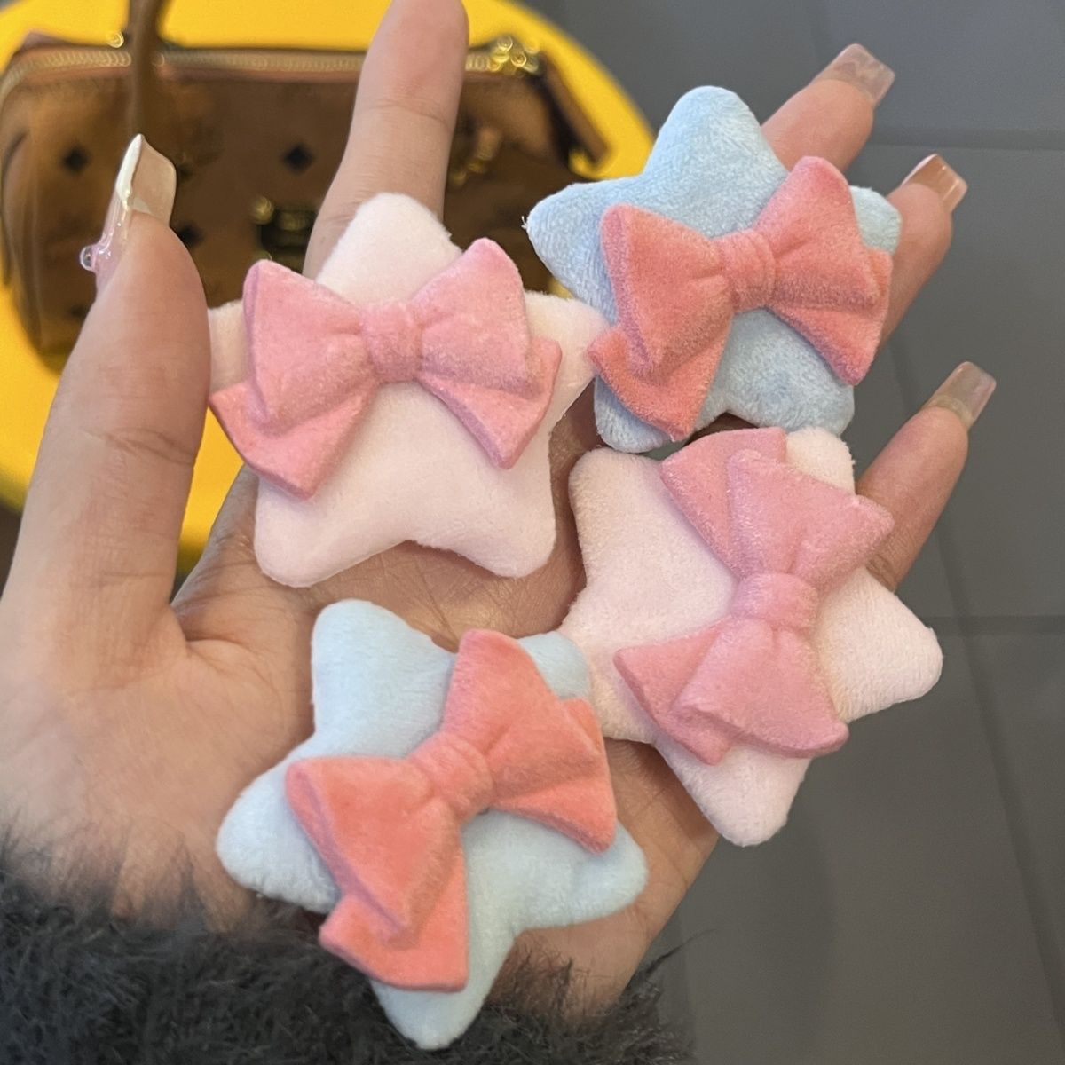 秋冬甜美可爱毛茸茸粉色蝴蝶结星星海绵发夹小众少女感刘海边夹子