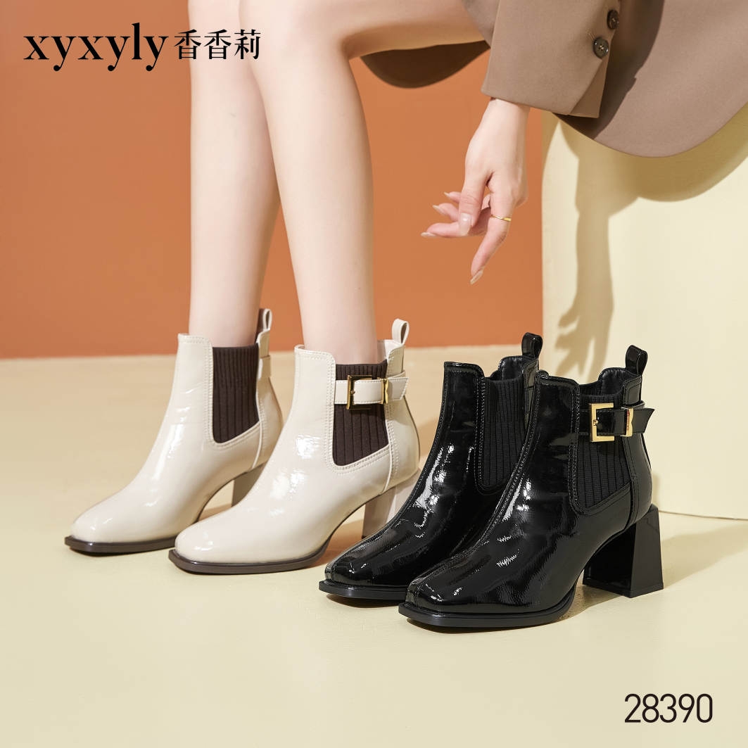 香香莉28390女鞋2024秋冬新款女靴时尚粗跟高跟短筒马丁靴欧货潮