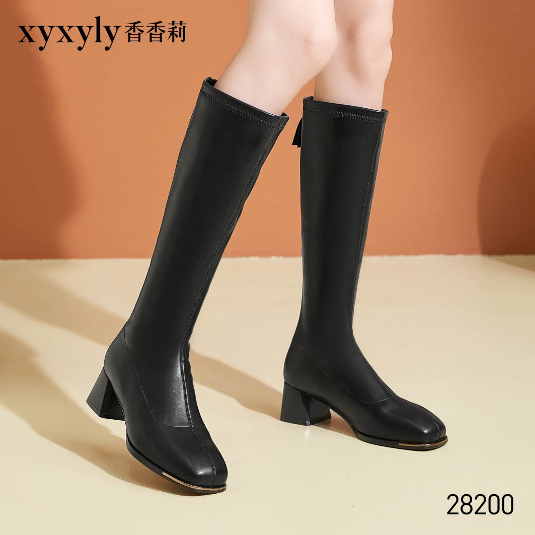 香香莉28200高筒加绒保暖中粗跟弹力靴贴身显瘦女棉靴子2024冬