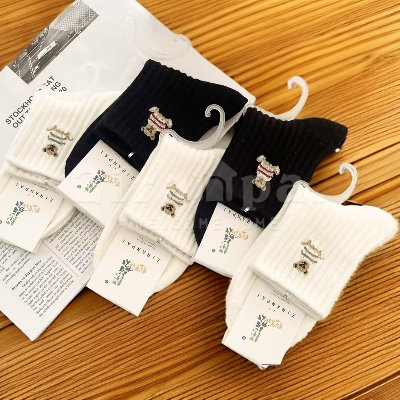 【G031】潮品可爱小熊女仿双针中筒袜