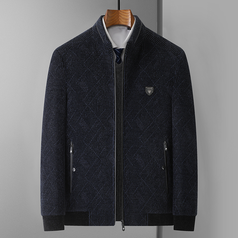 冬季雪尼尔外套中老年爸爸装高端大气加绒保暖夹克过冬立领上衣男