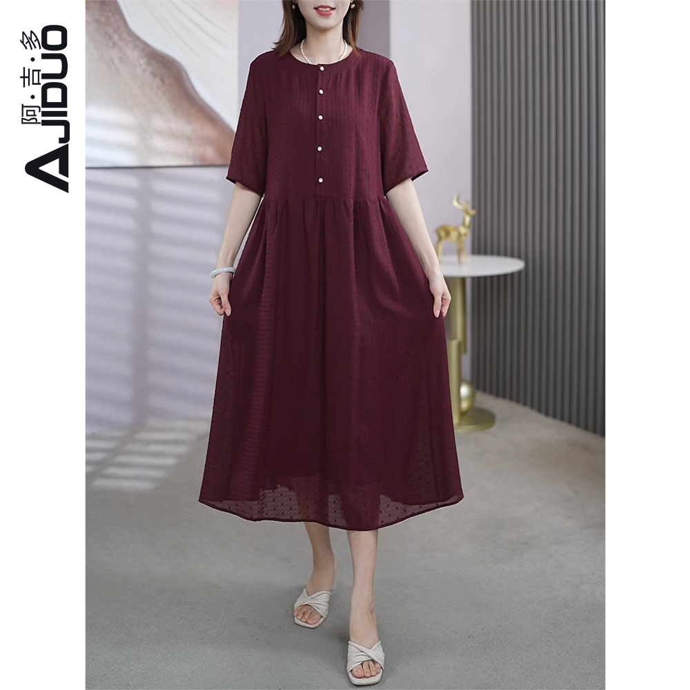 阿吉多夏季女士短袖连衣裙女2024新款洋气提花酒红色气质长款裙子