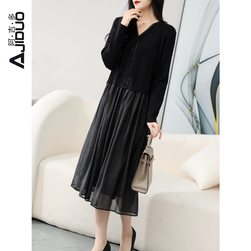 阿吉多A61881显瘦假两件连衣裙女春夏季针织拼接法式气质黑色裙子