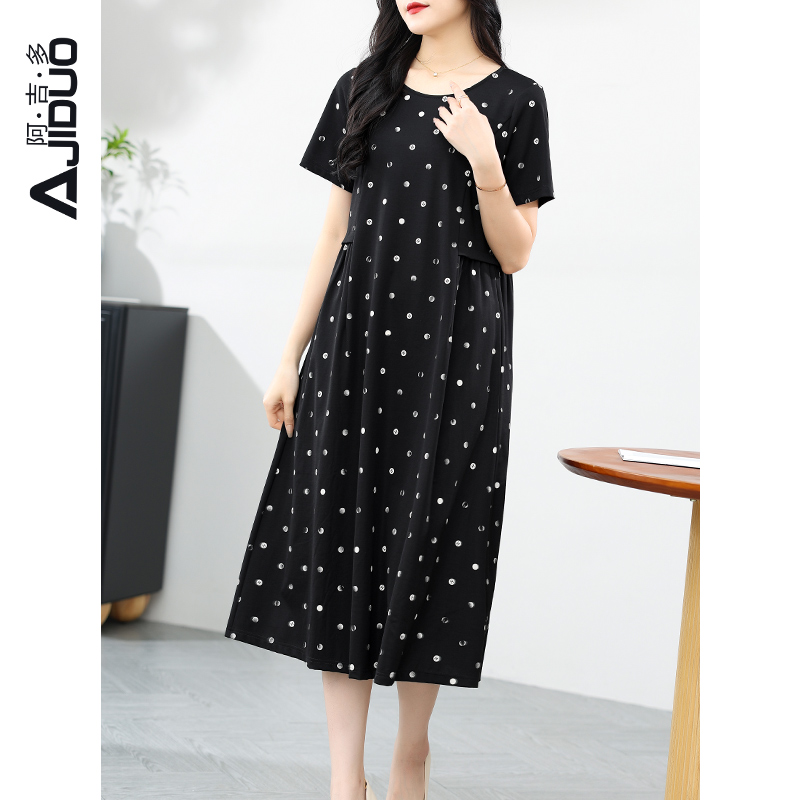 阿吉多波点印花连衣裙女夏季2024新款简约高级感弹力妈妈A字裙子