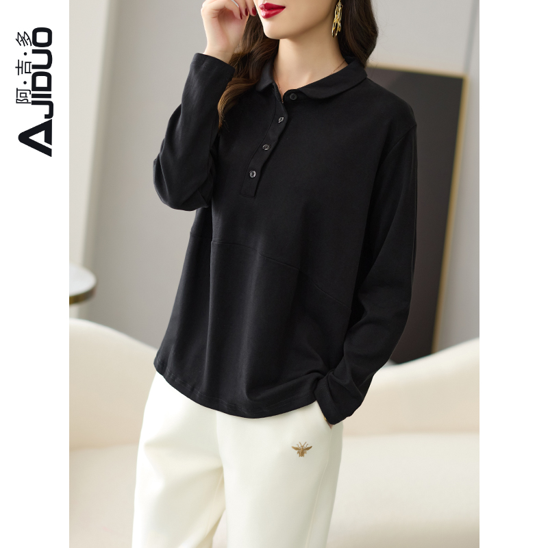 阿吉多A60375polo领长袖T恤女春秋气质妈妈上衣宽松显瘦打底衫