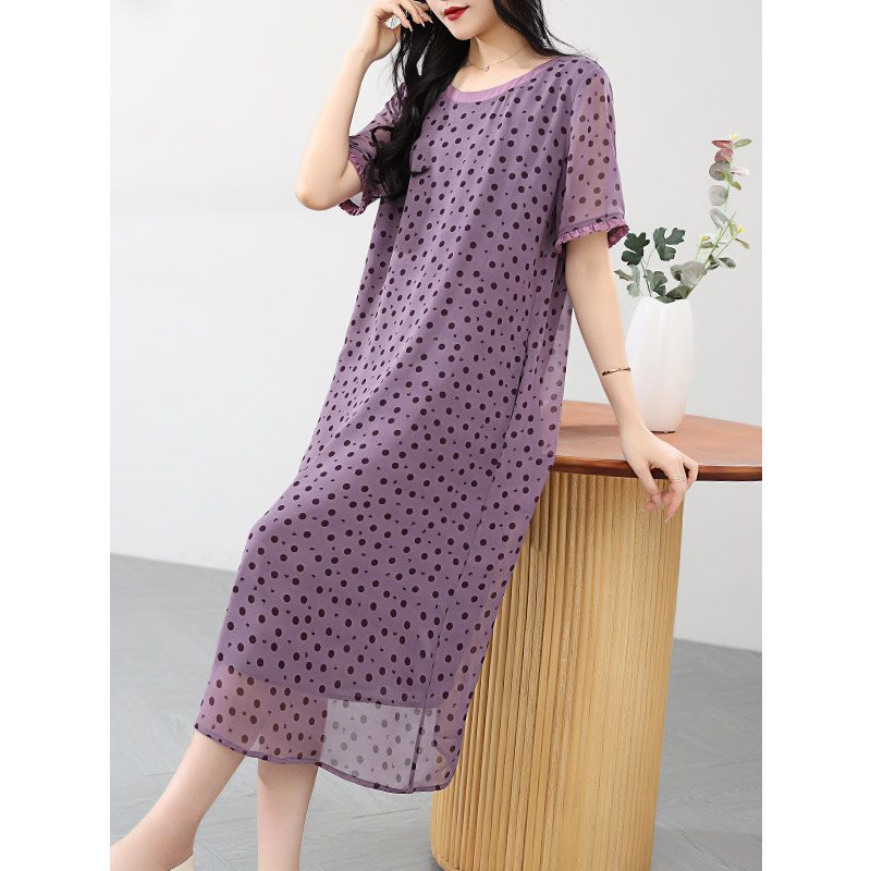 A87375冰丝波点印花连衣裙女夏2023新款高端大码轻薄透气过膝长裙