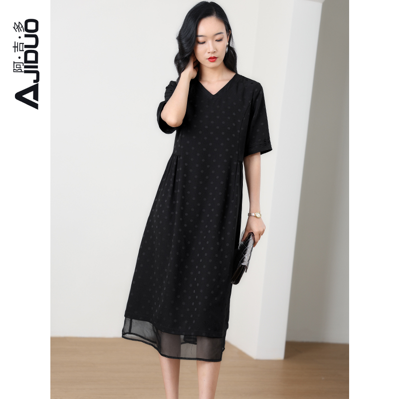 阿吉多波点短袖连衣裙2024新款女夏季V领小黑裙优雅气质人丝裙子