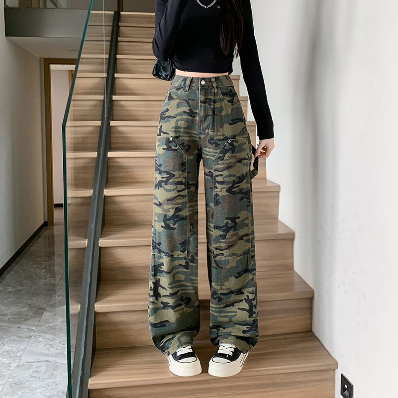 2026春美式宽松牛仔裤女高腰直筒迷彩裤高街ins工装裤Y2281