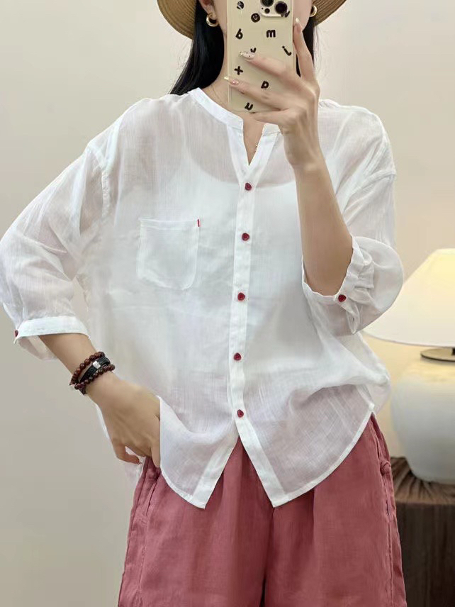 苎麻高品质夏季薄款百搭中袖衬衫
