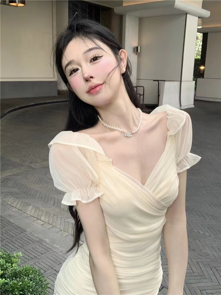 夏法式超仙v领网纱短袖连衣裙女纯欲辣妹性感包臀一字肩抹胸裙子