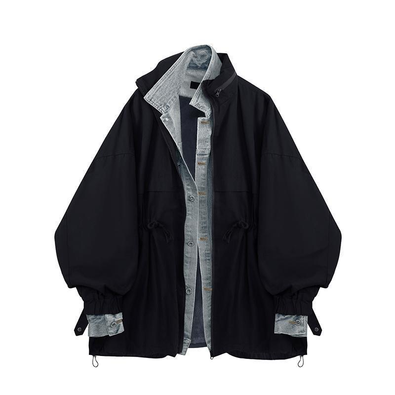 2023年韩版男宽松休闲假两件外套牛仔拼接潮牌夹克设计感ins