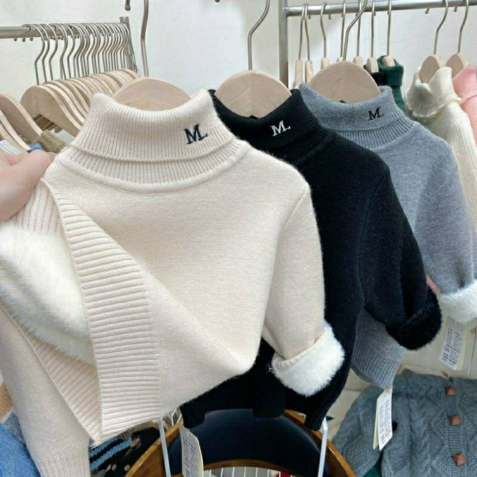 新品巴拉巴拉男女童高领毛衣冬款加绒加厚针织衫儿童宝宝一体绒白