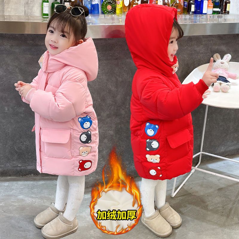 新品巴拉巴拉女童冬装加绒棉衣中长款2023新款儿童免洗棉服女宝宝