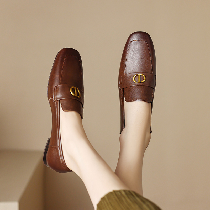 2cm/牛皮/手工鞋秋冬百搭真皮乐福鞋软底一脚蹬平底复古轻奢