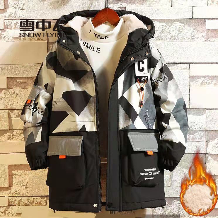 雪中飞羽绒服男童加绒外套新款中大童洋气加厚棉衣时髦男孩儿童休