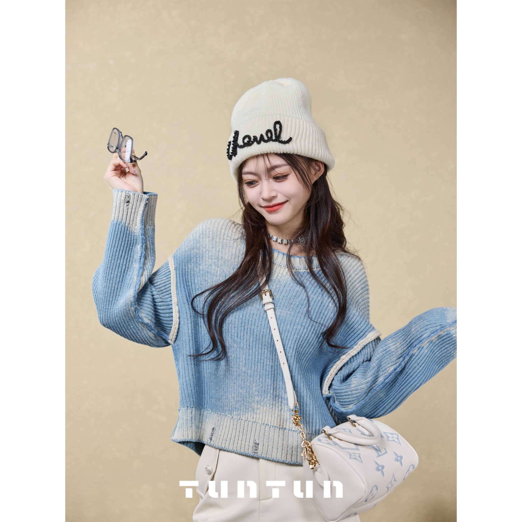 吞吞TUNT【最小的海】清冷气质 蓝色扎染破洞设计感毛衣4