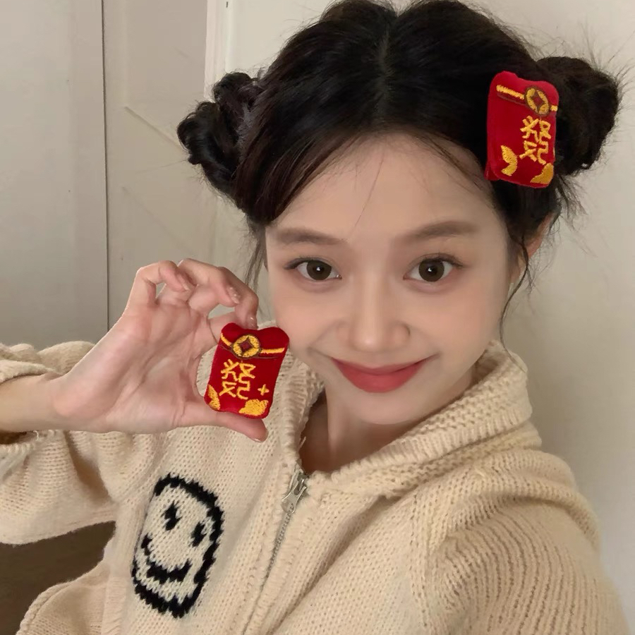 新年發财红包发夹可爱红色刘海夹喜庆边夹鸭嘴夹少女心发饰A33.