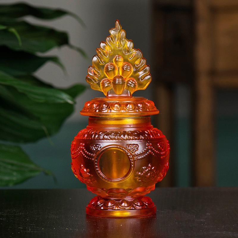 琉璃财神宝瓶装藏宝瓶佛前八吉祥摆件宝瓶法器供具高17cm