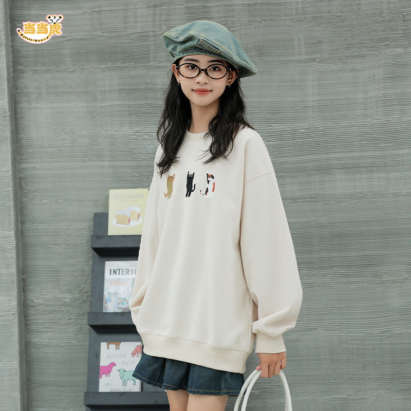 女童中学生秋装圆领套头卫衣2025春秋新款青少年女孩休闲宽松上衣