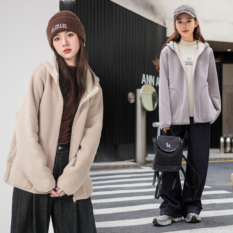 【校服神器-连帽】女童中大童冬加绒加厚保暖毛绒棉服外套绒衣24788