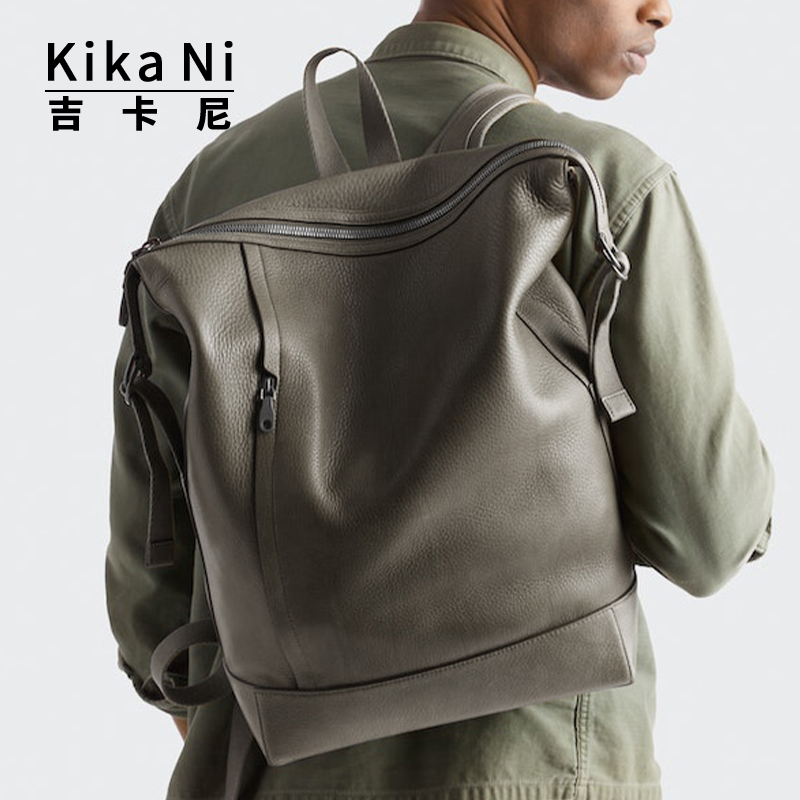 Kika Ni男复古真皮双肩包植鞣皮大容量电脑背包软皮户外旅行包潮