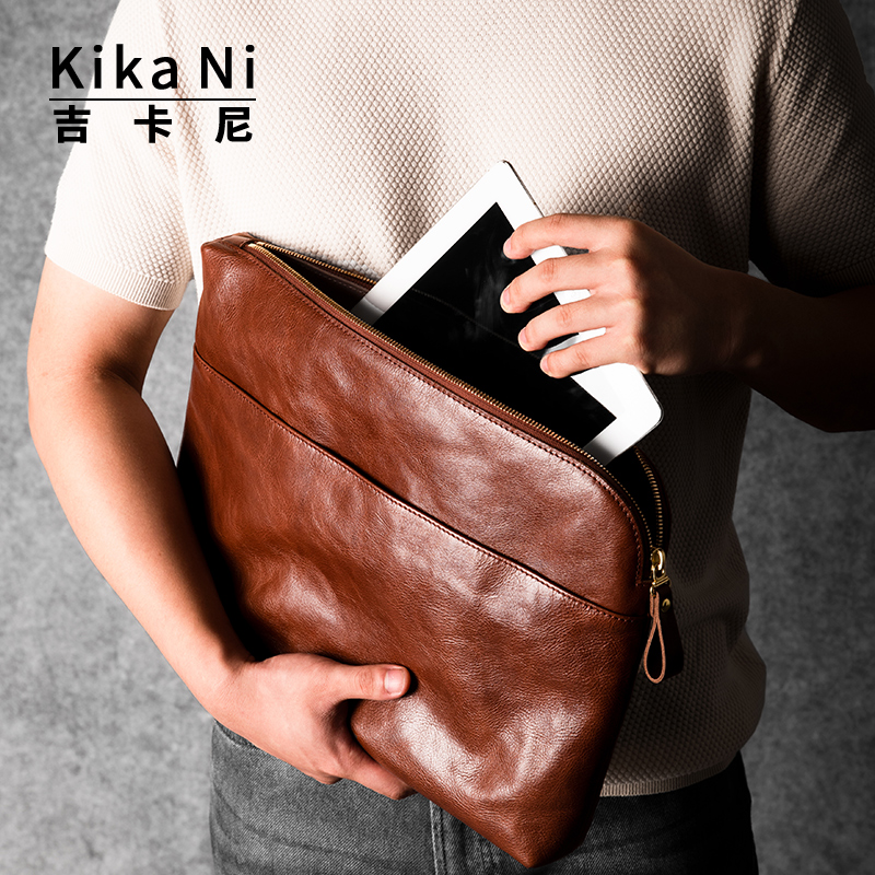 Kika Ni真皮男士手拿包大容量电脑内胆商务休闲信封包牛皮手抓包