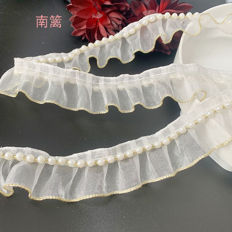 3.5CM欧根纱金线小香风褶皱珍珠蕾丝花边diy辅料公主裙摆袖口装饰