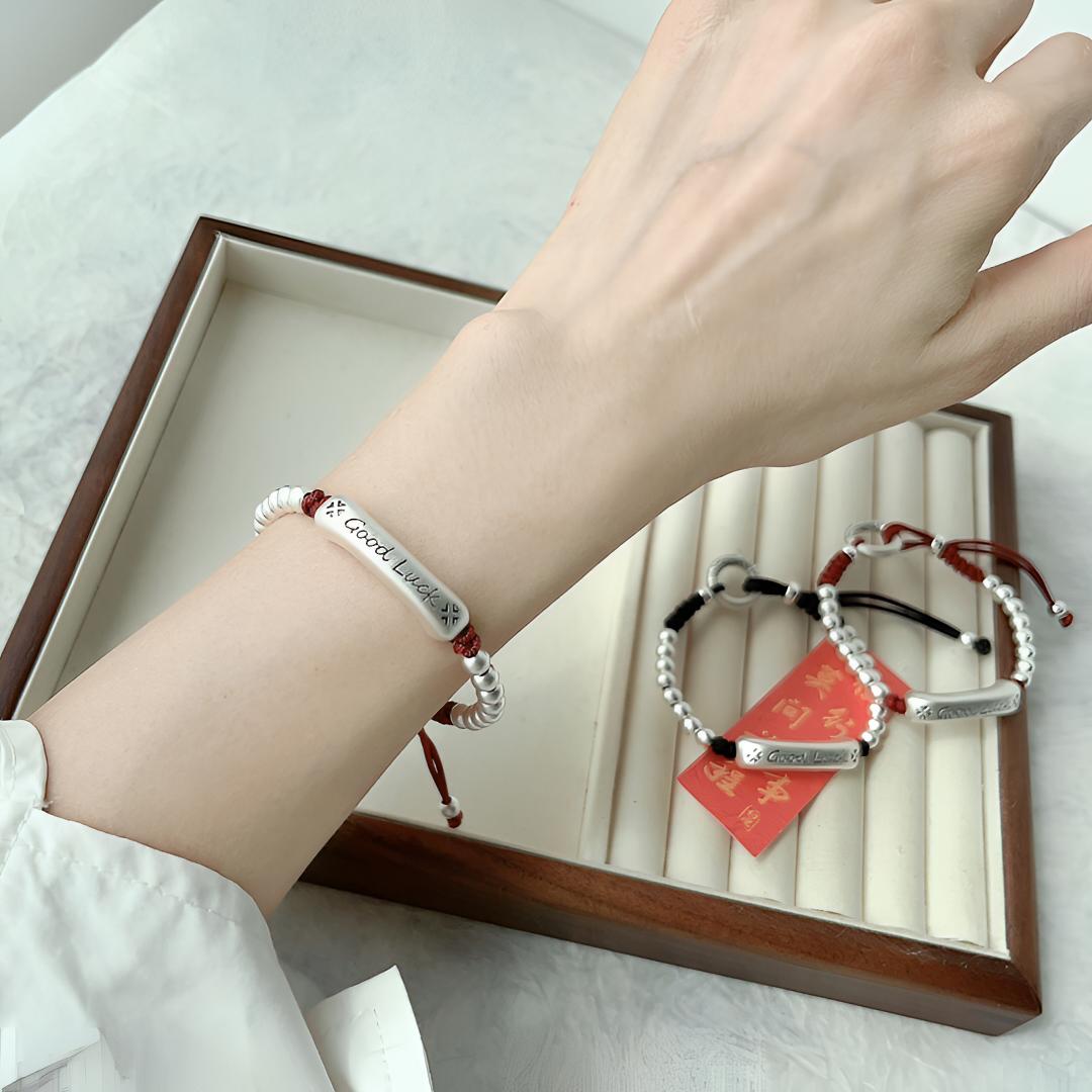 足银银制品 原创设计Good Luck弯管古法平安扣珠珠编织韩版手链