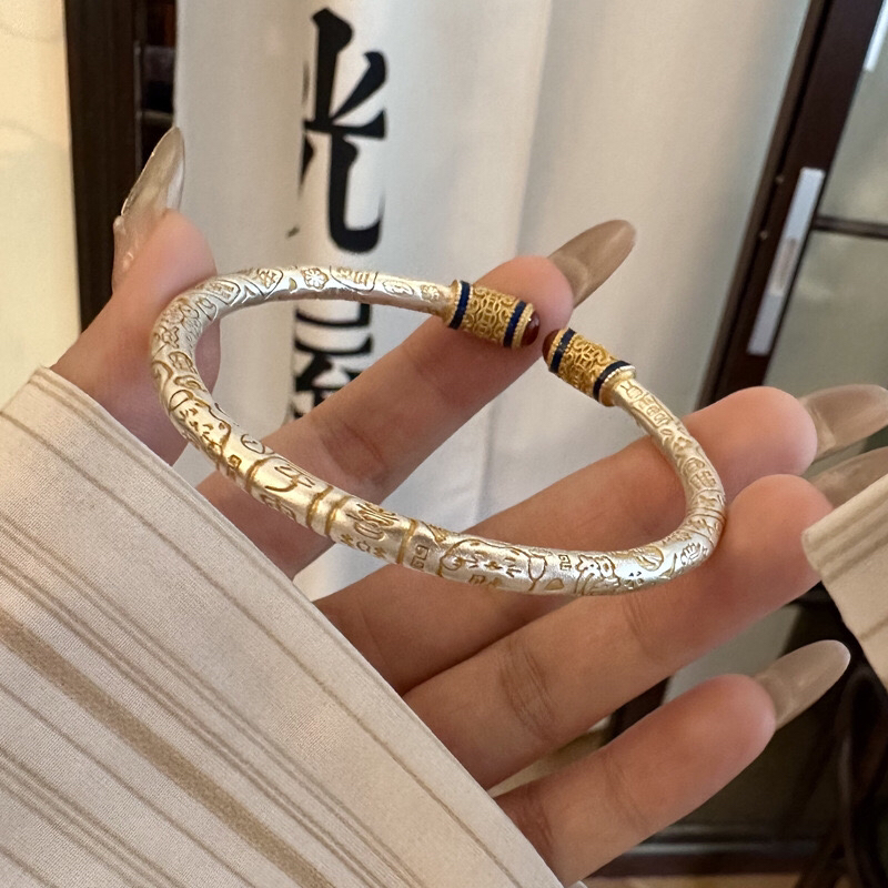 足银手镯 红运当头国风唐草纹心经手镯开口女镯时尚国潮手饰