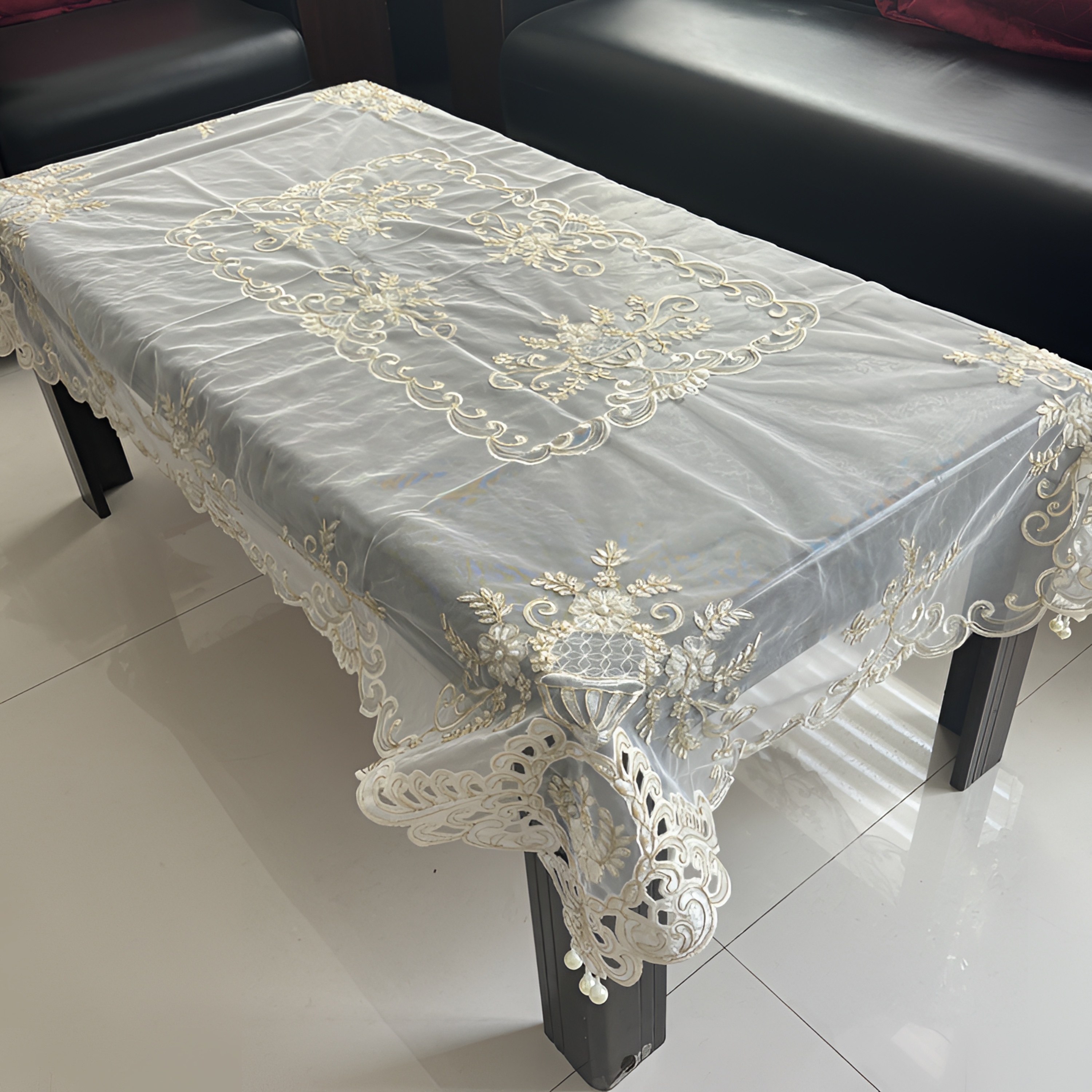 140*220cm长方金色手工钉珠欧式刺绣餐桌茶几沙发高档防尘桌布