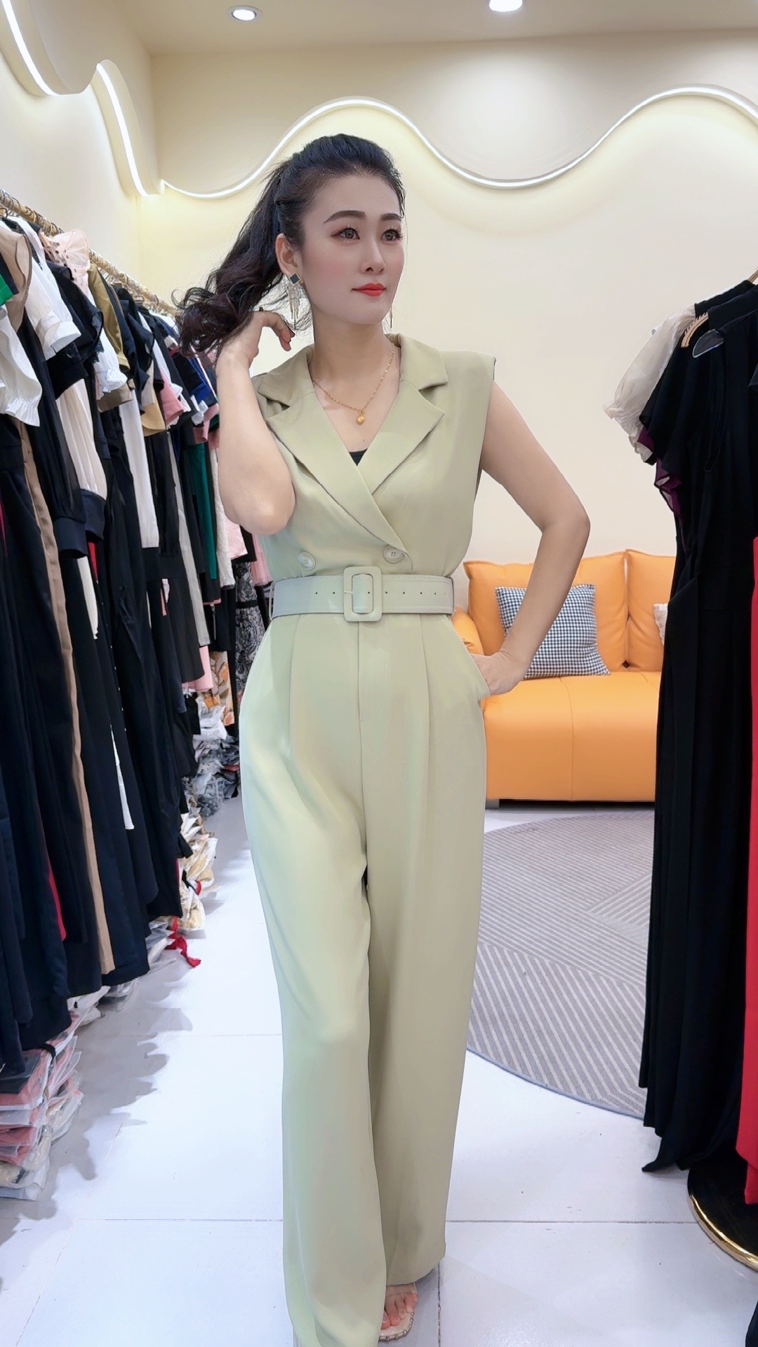 米可 2024无袖直筒长裤 黑色西装领通勤 女神范连体裤高级感