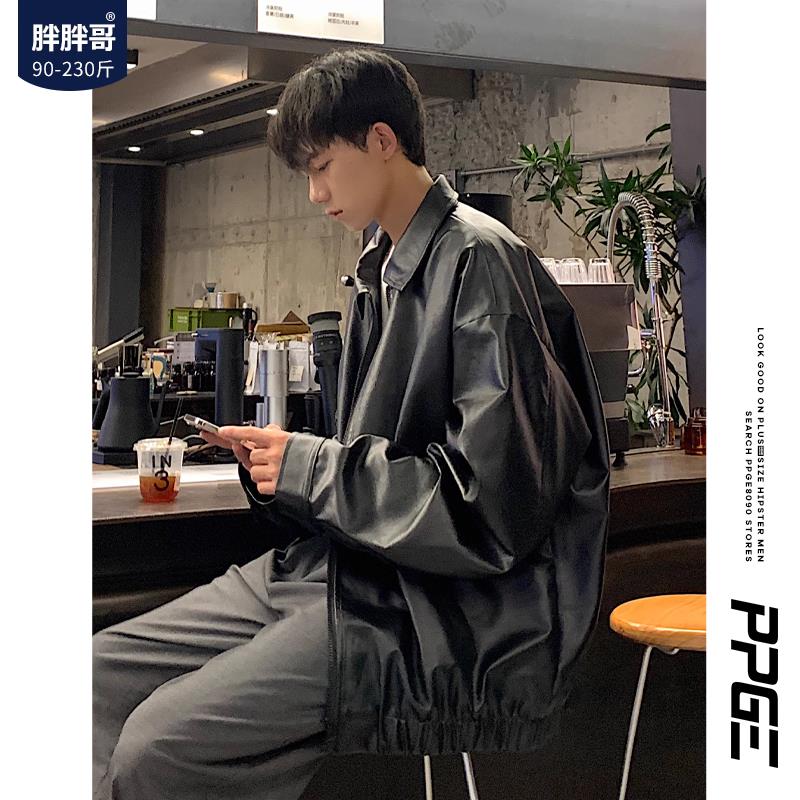 胖胖哥机车皮衣加绒外套男士秋冬季潮牌夹克pu皮宽松大码美式男装