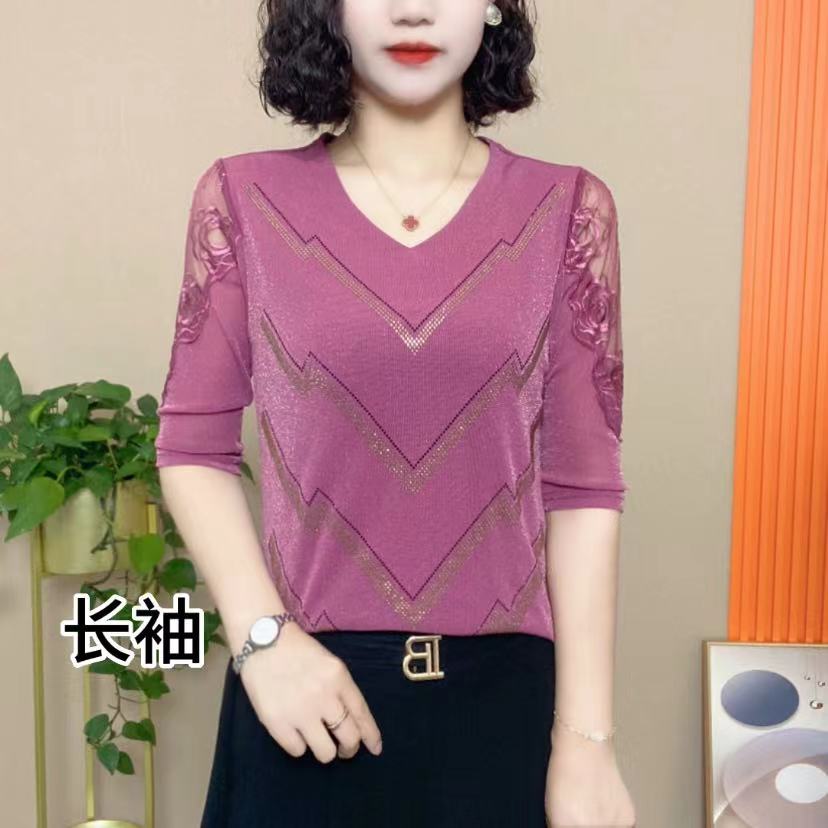 2025早春新品时尚气质显瘦蕾丝烫钻女士V领夏季长袖小衫k01