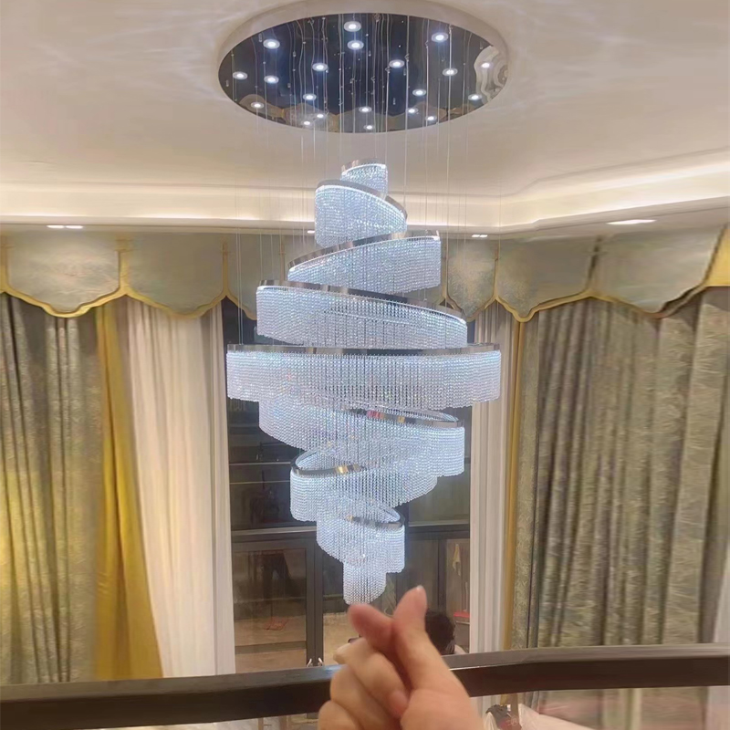复式楼轻奢客厅水晶大吊灯高端挑高楼中楼中厅法式别墅楼梯间吊灯