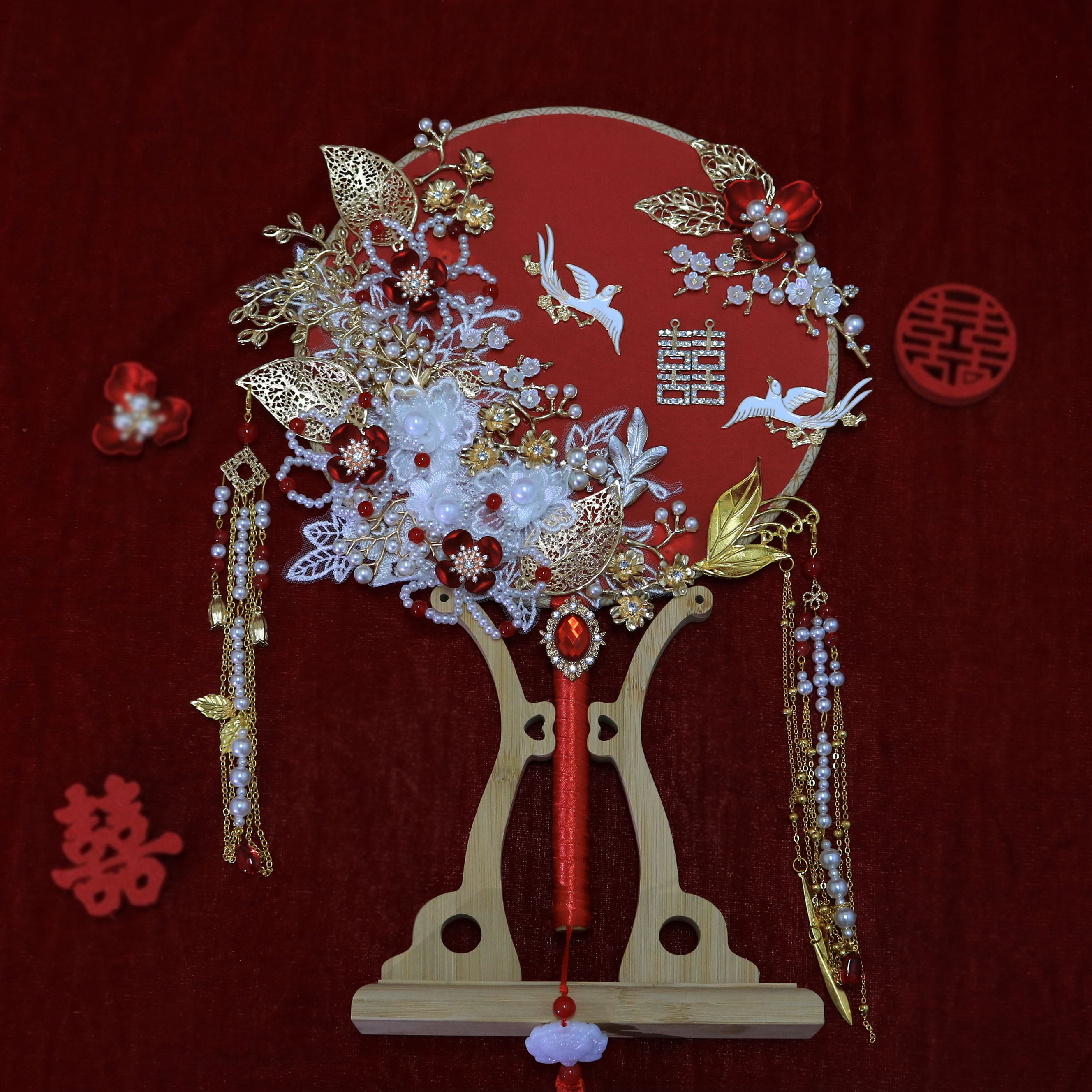 手工扇子古风接亲团扇新娘圆形成品结婚短柄喜扇中式婚礼楠竹扇