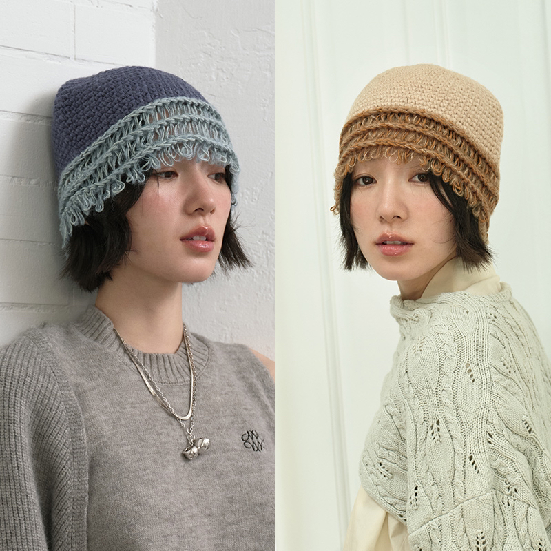xinxinz/芯心子日系甜美风三刀切刘海冷帽针织少女感钩织帽护耳帽