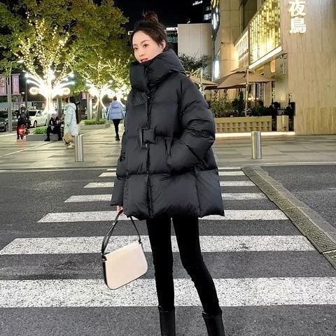2023款韩版90白鸭绒加厚中长面包羽绒服中长款斗篷型宽松外套BY